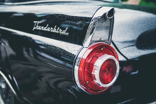 a vintage Ford Thunderbird parked in a retro setting